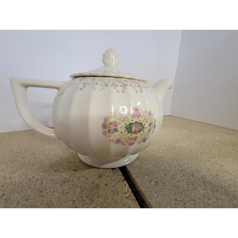 Vintage Vanity Fair White Ceramic Teapot Floral Gold Trim Retro Kitchen Decor